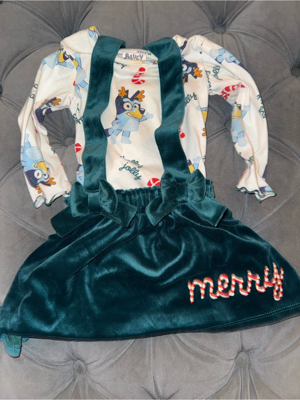 Lucy Teal Velvet Suspender Skirt with Holiday Print Top